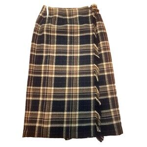 Wool Blend Blanket Wrap Skirt Brown Black Fringe Plaid Lined Studio Works 14